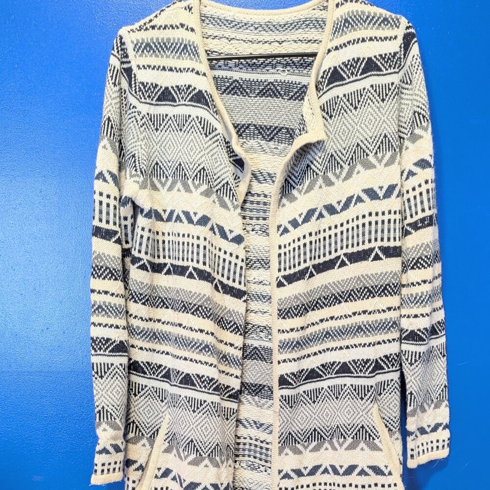 Extra Long 'Grandpa' Aztec Style Cardigan w/ Blues & Whites, 20" Chest